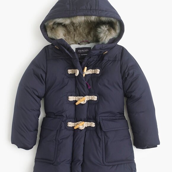 Crewcuts Girls 6 / 7 Blue Down Filled Toggle Faux Fur Hooded Winter Jacket - Picture 1 of 10